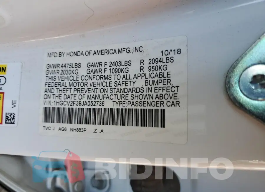 1HGCV2F39JA052736 Photo# 13