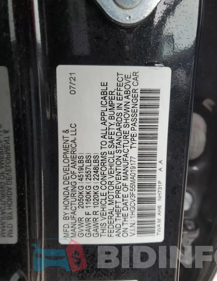 1HGCV3F55MA019177 Photo# 12