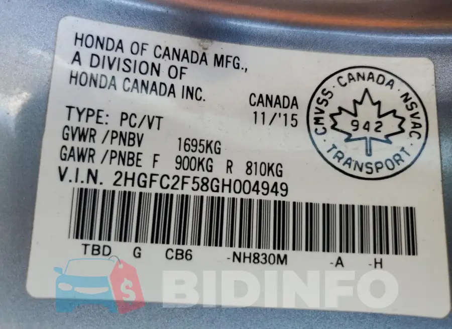 2HGFC2F58GH004949 Photo# 13