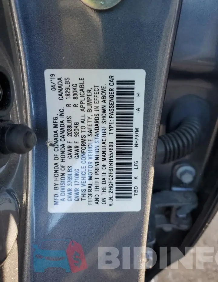 2HGFC2F61KH557699 Photo# 12
