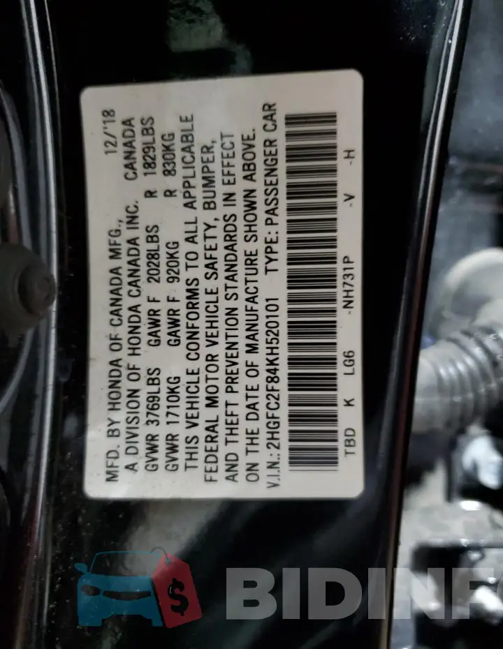 2HGFC2F84KH520101 Photo# 13