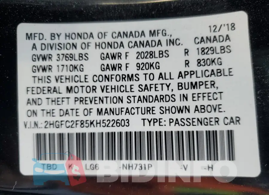 2HGFC2F85KH522603 Photo# 12
