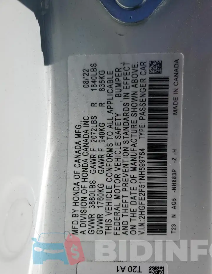 2HGFE2F51NH599764 Photo# 12