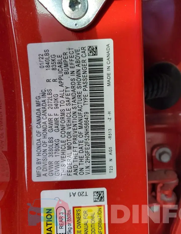 2HGFE2F52NH566479 Photo# 12