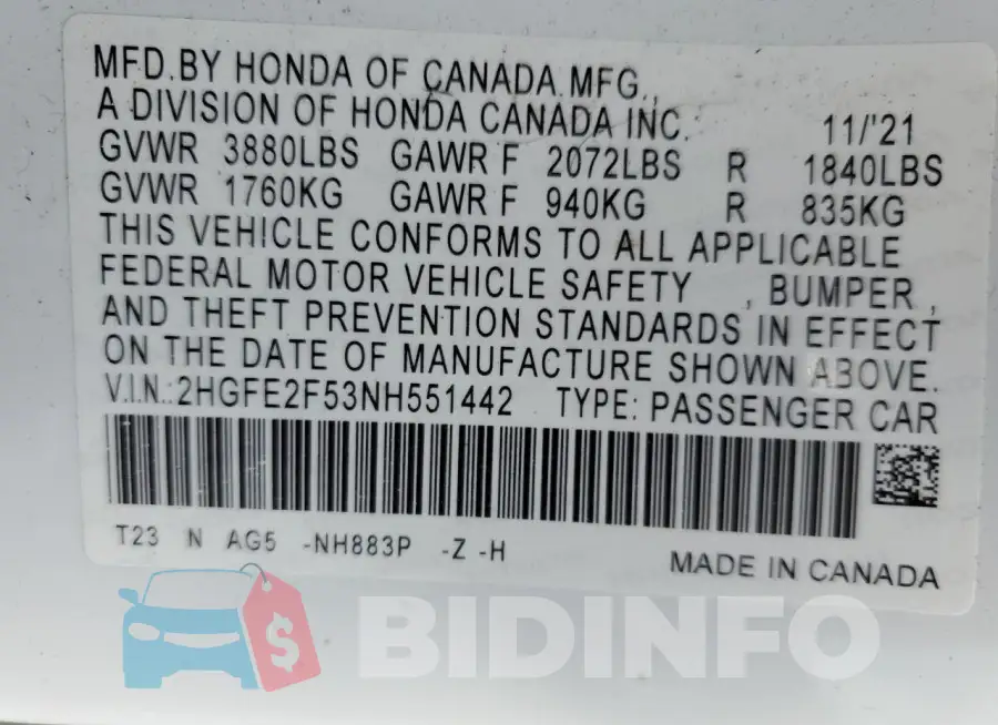 2HGFE2F53NH551442 Photo# 12