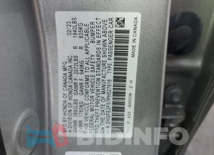 2HGFE2F57PH527616 Photo# 12