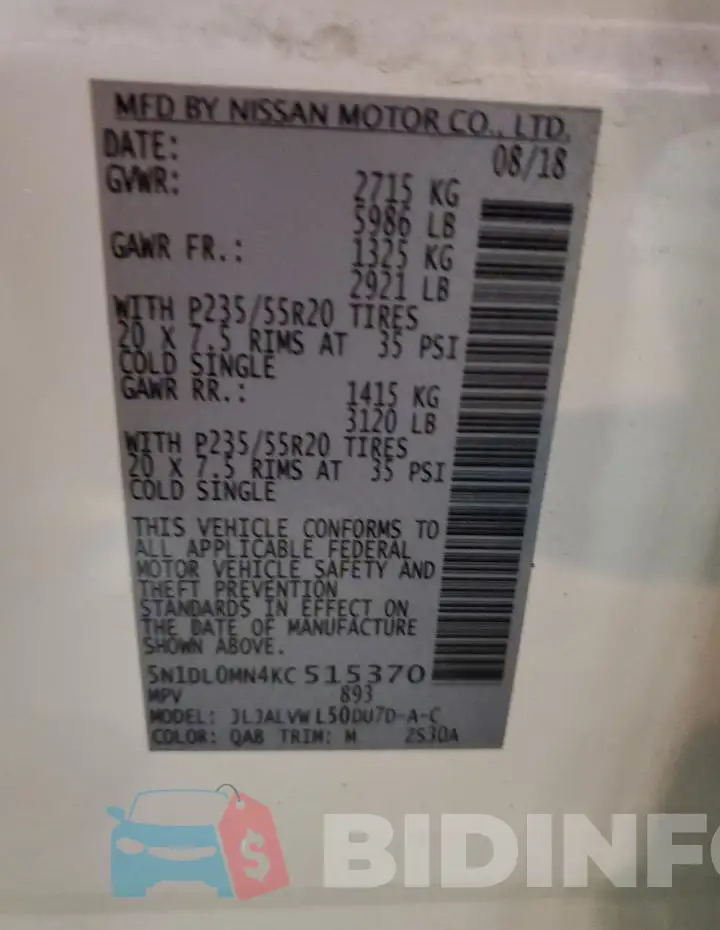 5N1DL0MN4KC515370 Photo# 14
