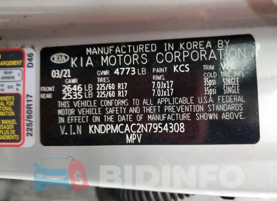 KNDPMCAC2N7954308 Photo# 14