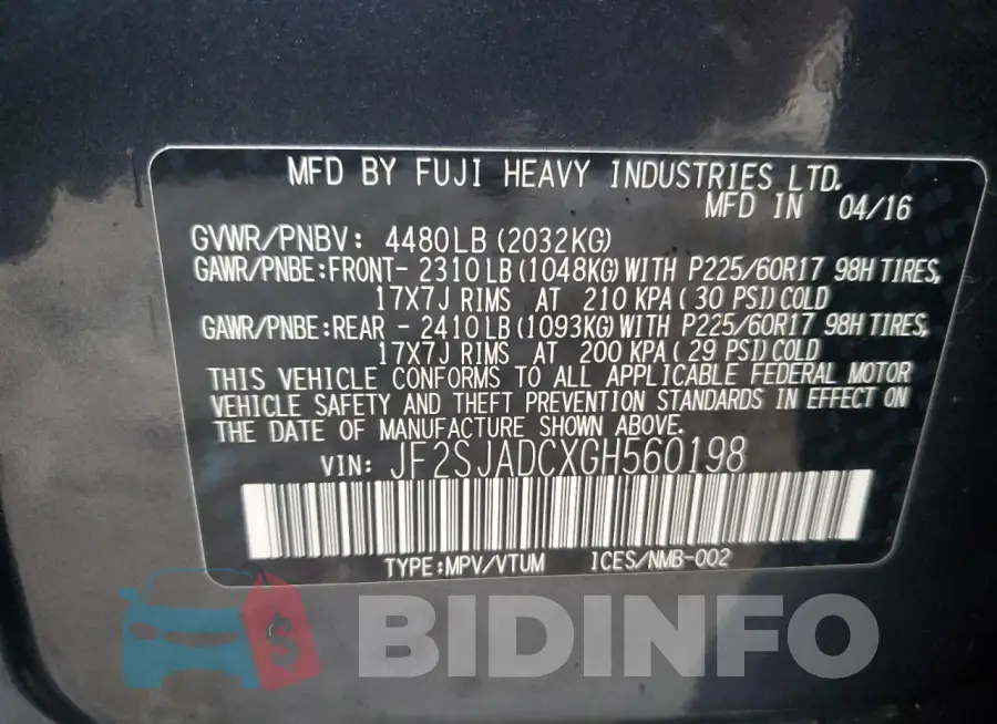 JF2SJADCXGH560198 Photo# 13