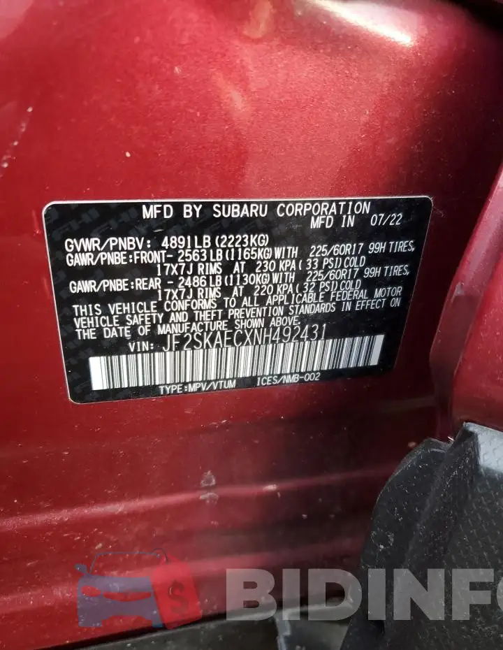 JF2SKAECXNH492431 Photo# 12
