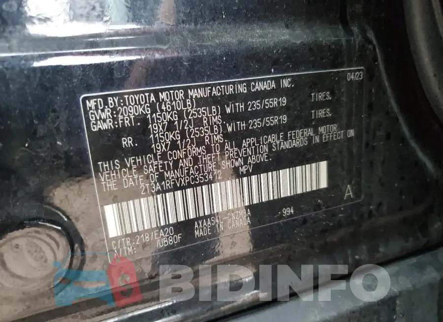 2T3A1RFVXPC353412 Photo# 12