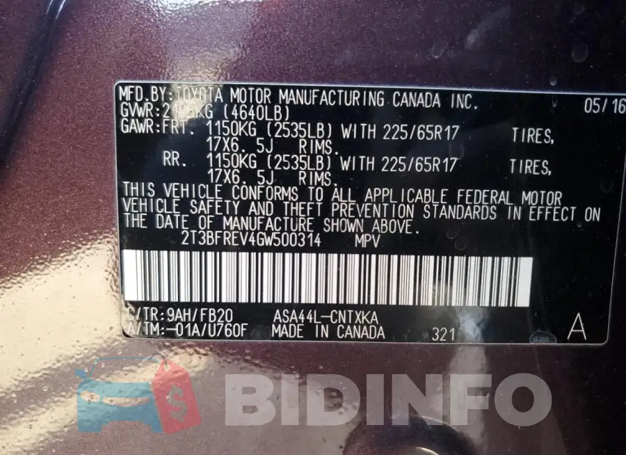 2T3BFREV4GW500314 Photo# 13