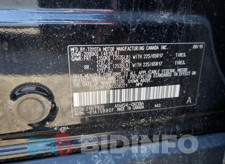 2T3G1RFV2KC038221 Photo# 13