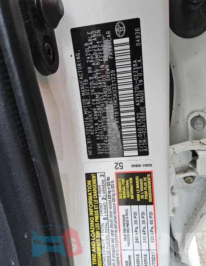 4T1B11HK5KU221229 Photo# 12