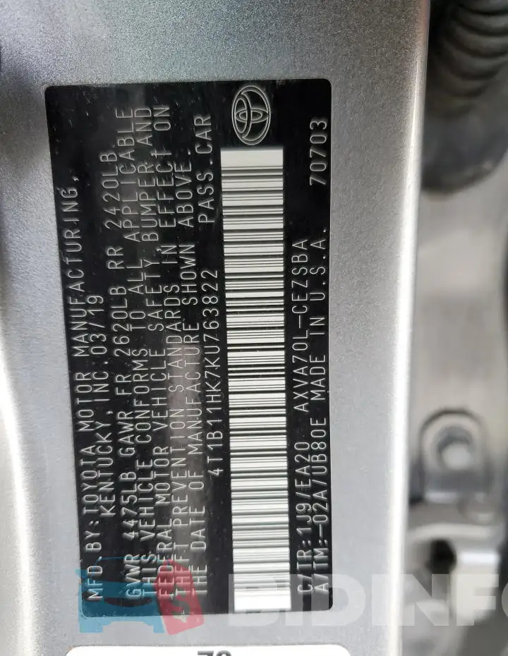 4T1B11HK7KU763822 Photo# 12