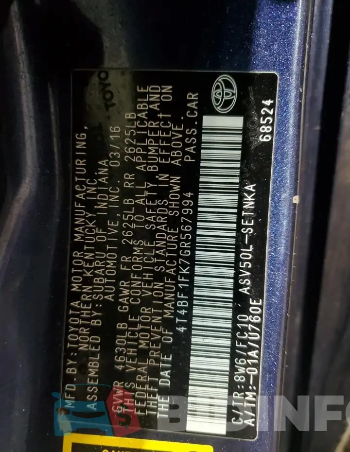 4T4BF1FK7GR567994 Photo# 12