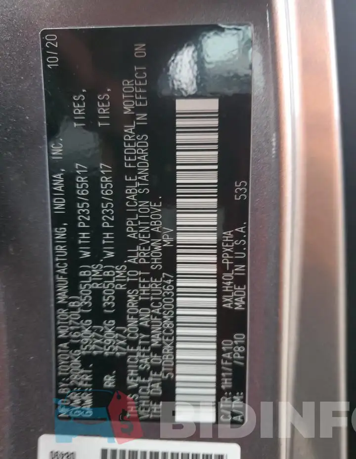 5TDBRKEC8MS003647 Photo# 13