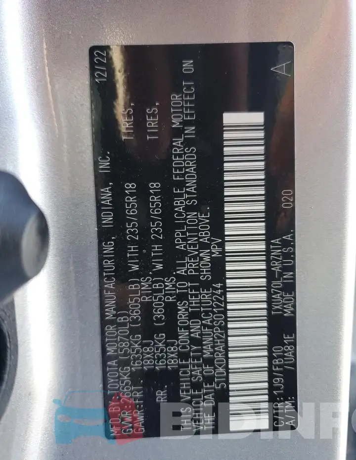 5TDKDRAH2PS012244 Photo# 12