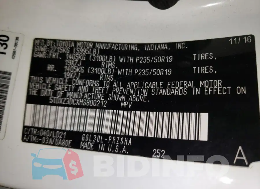 5TDXZ3DCXHS800212 Photo# 13