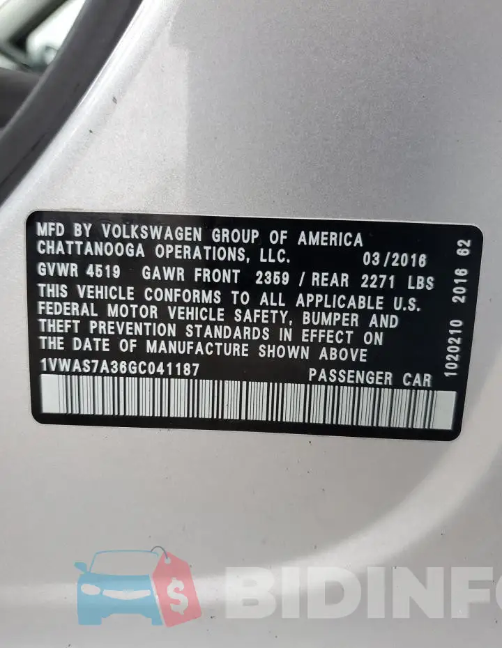1VWAS7A36GC041187 Photo# 12