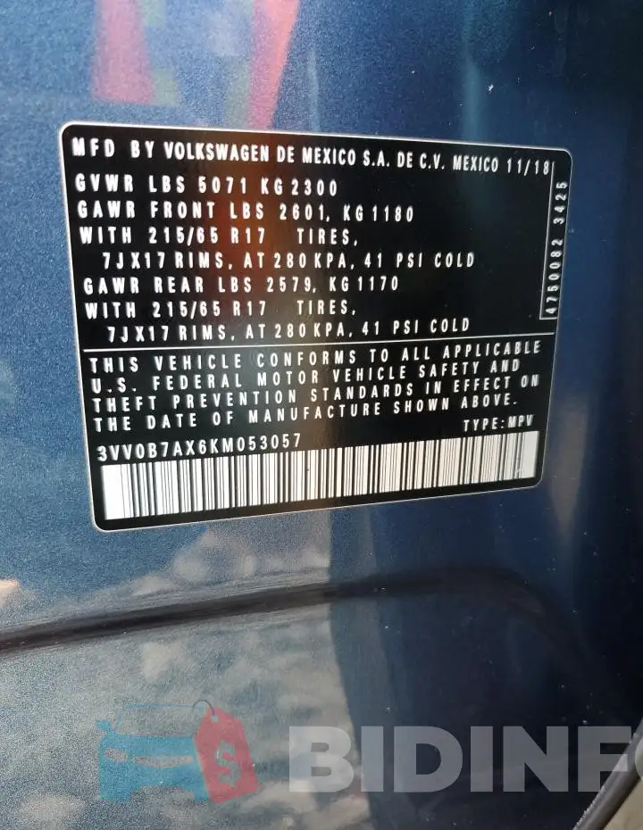3VV0B7AX6KM053057 Photo# 13