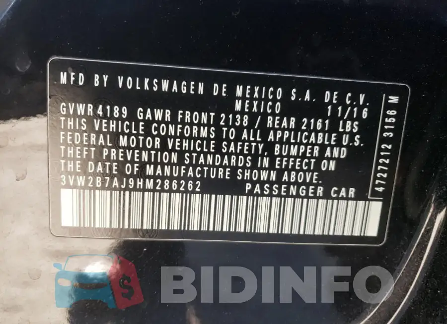 3VW2B7AJ9HM286262 Photo# 12