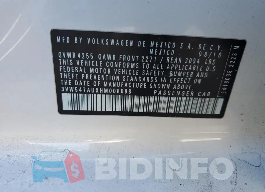 3VW547AUXHM008598 Photo# 12