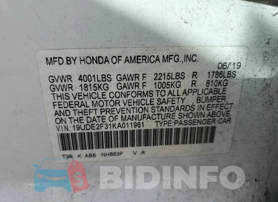 19UDE2F31KA011961 Photo# 12