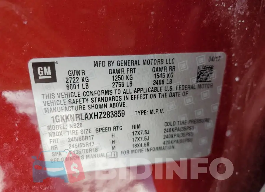 1GKKNRLAXHZ283859 Photo# 13