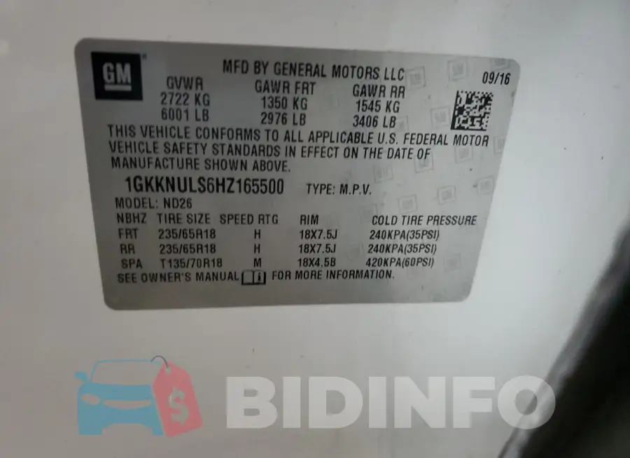 1GKKNULS6HZ165500 Photo# 13