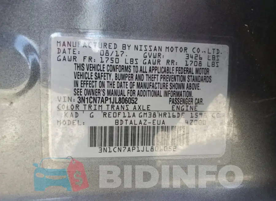 3N1CN7AP1JL806052 Photo# 13