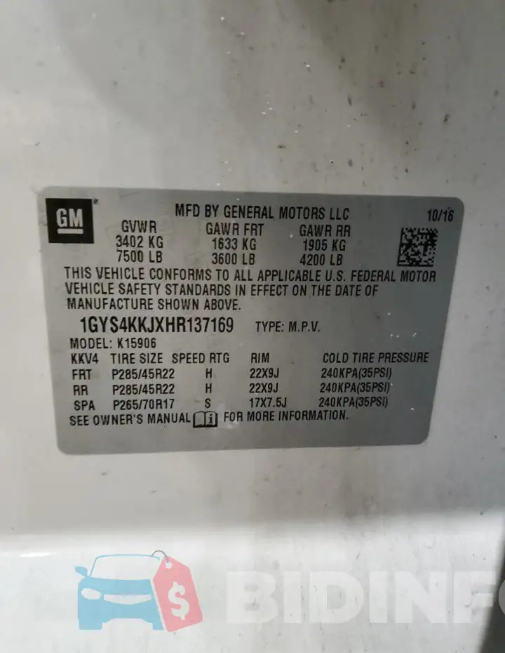 1GYS4KKJXHR137169 Photo# 13