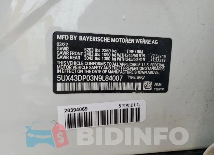 5UX43DP03N9L84007 Photo# 13