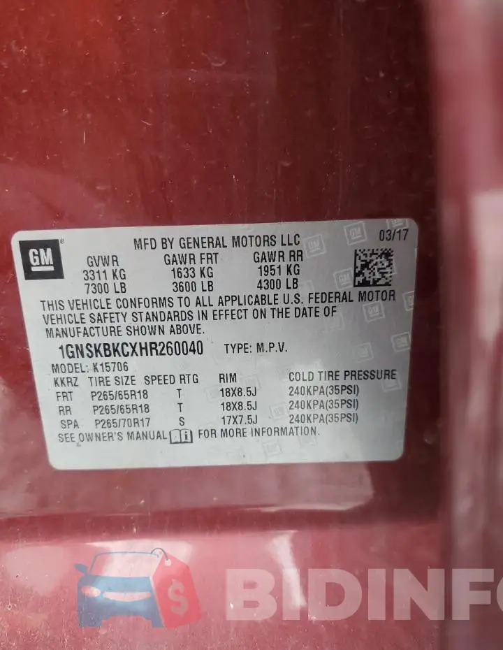 1GNSKBKCXHR260040 Photo# 13