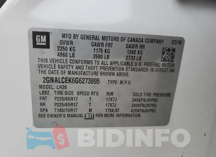 2GNALCEK6G6273895 Photo# 13
