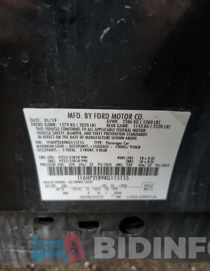 1FAHP2E89KG115155 Photo# 13