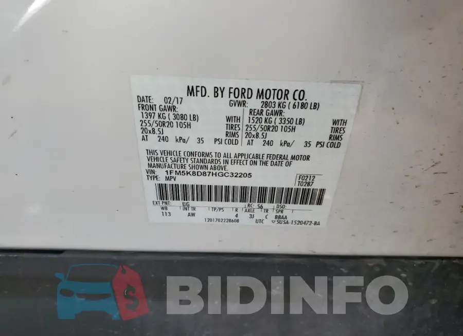 1FM5K8D87HGC32205 Photo# 13