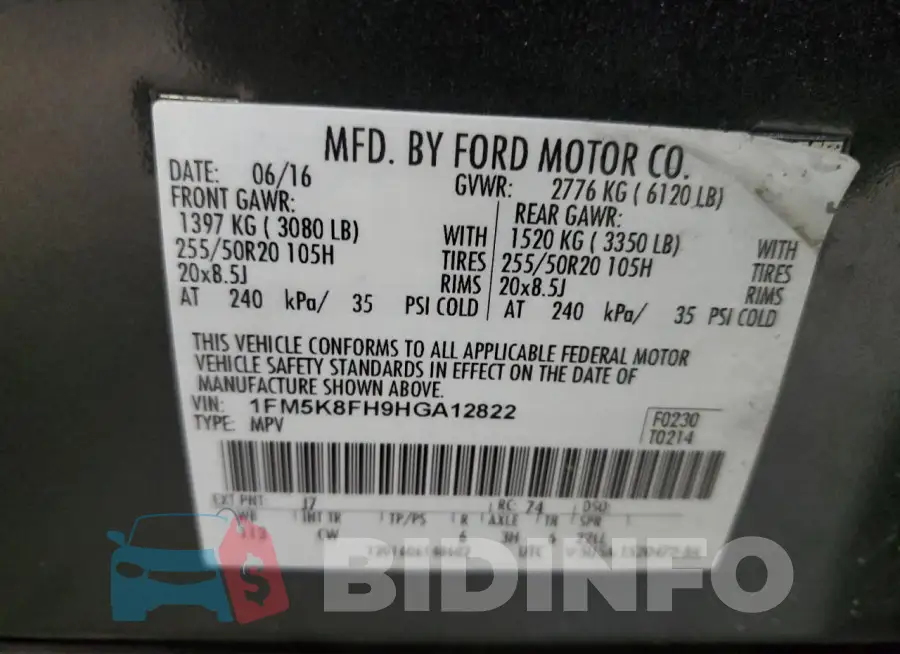 1FM5K8FH9HGA12822 Photo# 14