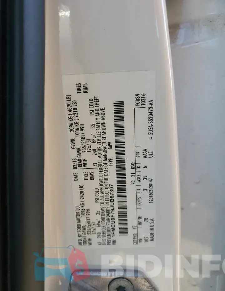 1FMCU0F79JUB67307 Photo# 13