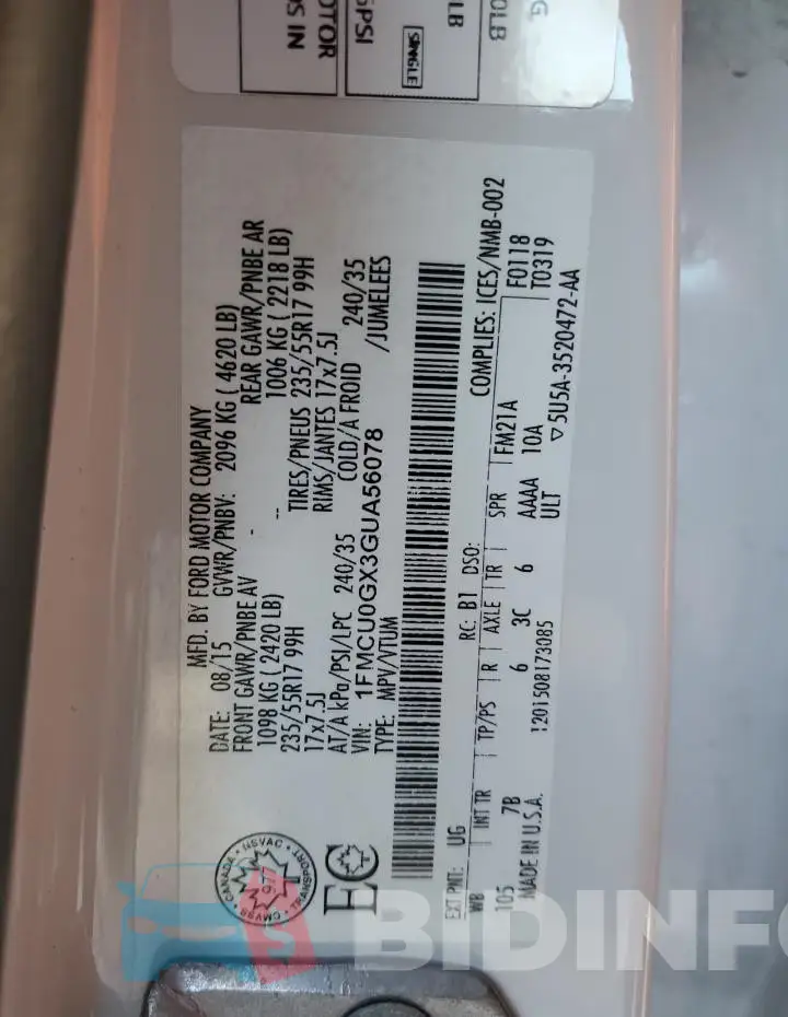 1FMCU0GX3GUA56078 Photo# 13