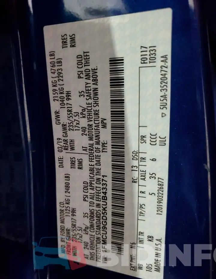1FMCU9GD5KUB43371 Photo# 13