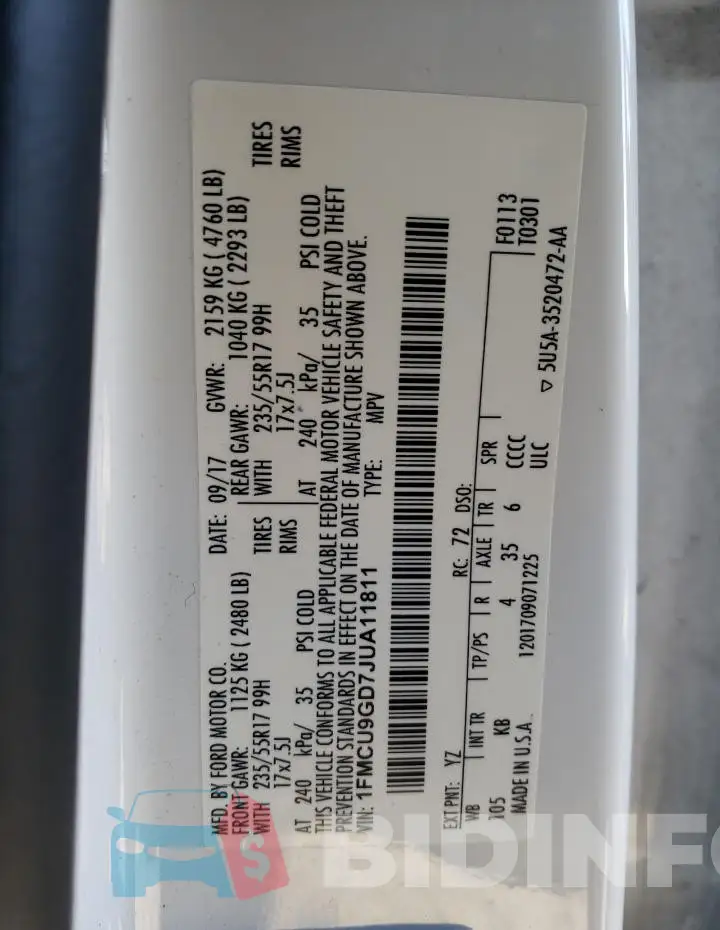 1FMCU9GD7JUA11811 Photo# 13