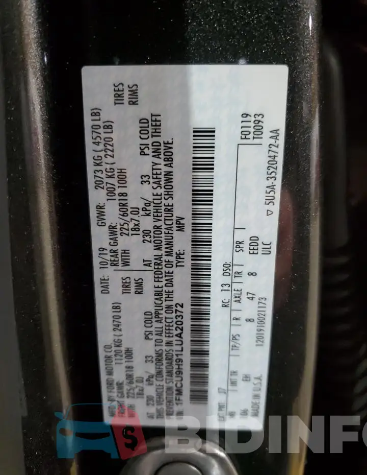 1FMCU9H91LUA20372 Photo# 14