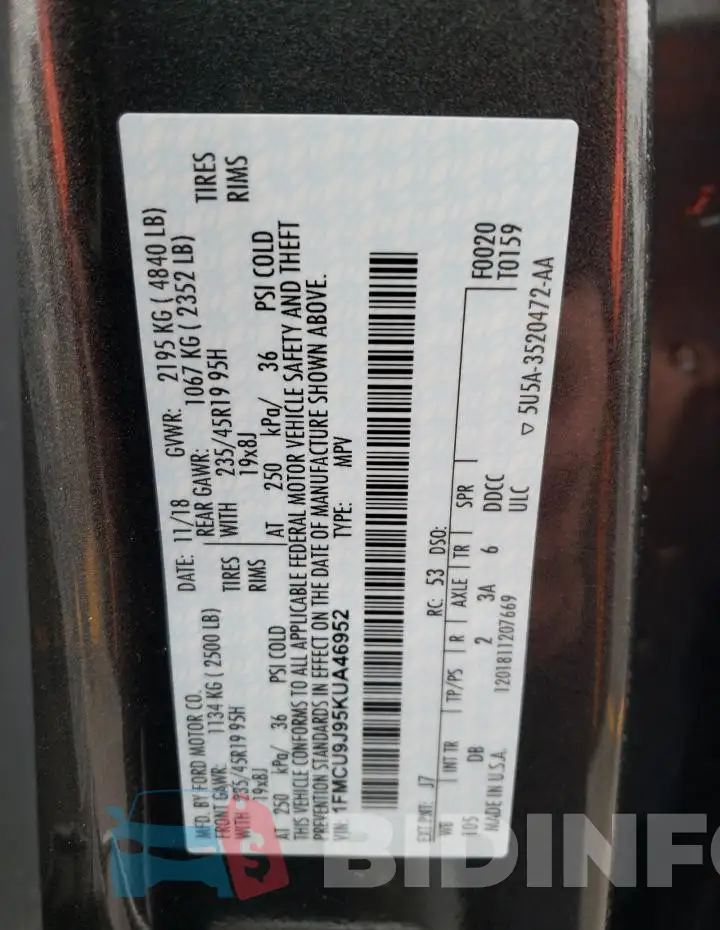 1FMCU9J95KUA46952 Photo# 13