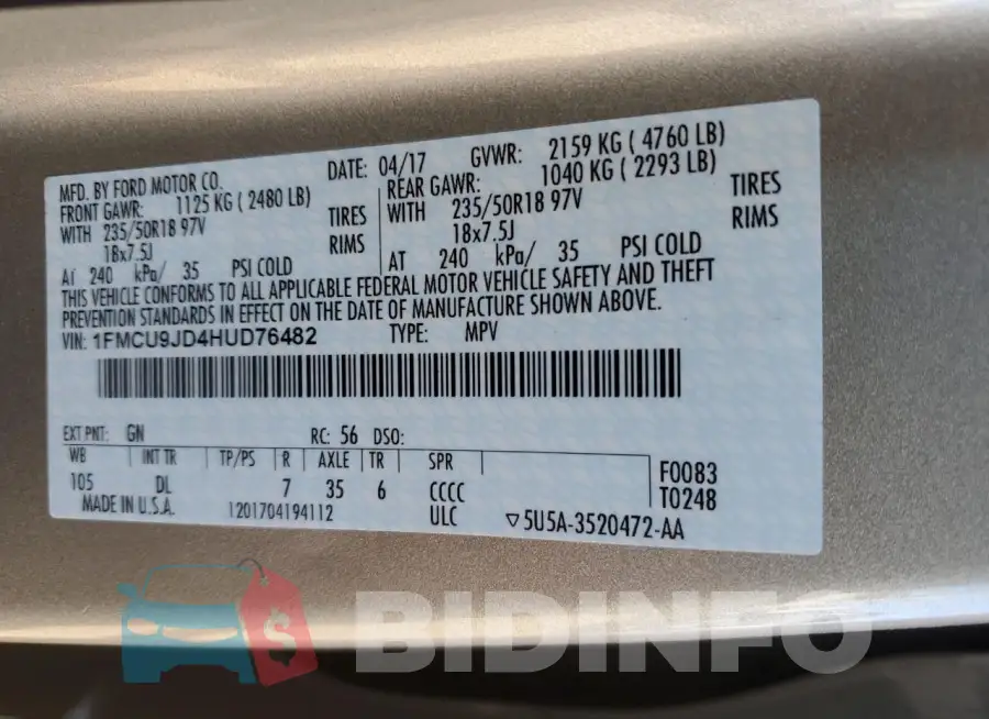 1FMCU9JD4HUD76482 Photo# 13