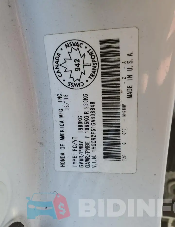 1HGCR2F51GA808848 Photo# 12
