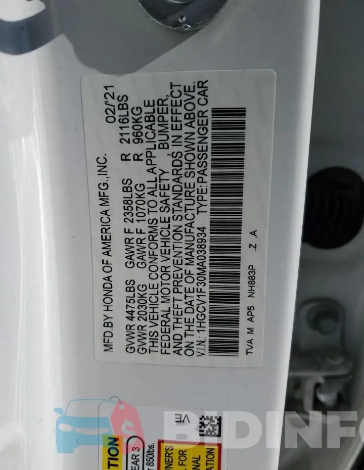 1HGCV1F30MA038934 Photo# 12