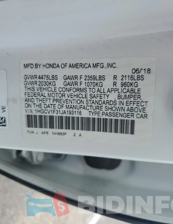 1HGCV1F31JA193116 Photo# 12