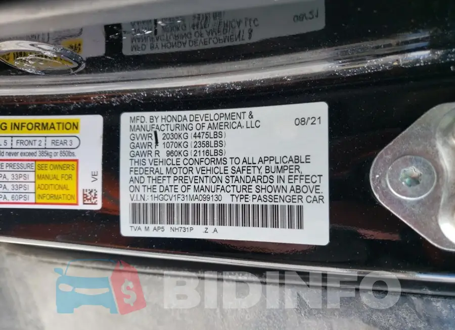 1HGCV1F31MA099130 Photo# 12