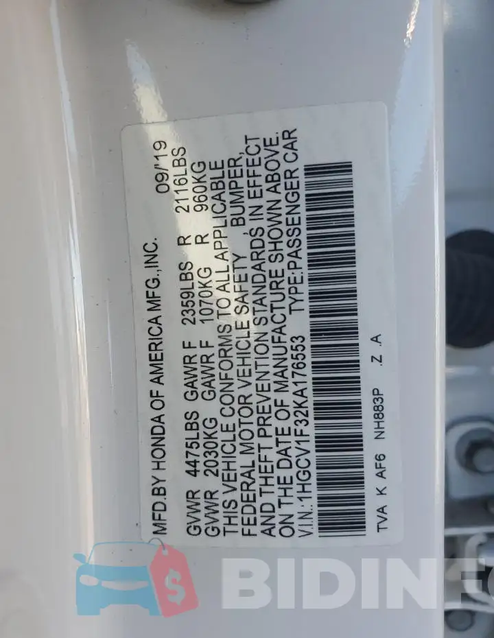 1HGCV1F32KA176553 Photo# 12